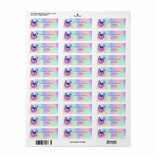 Butterfly paarse holografisch retouradres etiket (Full Sheet)