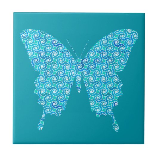 Butterfly, patroon in blauwgroen blauw, turquoise, tegeltje (Voorkant)