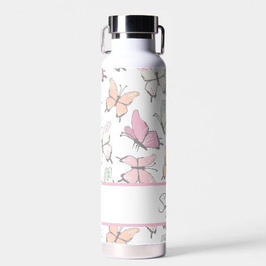 Butterfly Pattern met naam en monogram Waterfles (Voorkant)