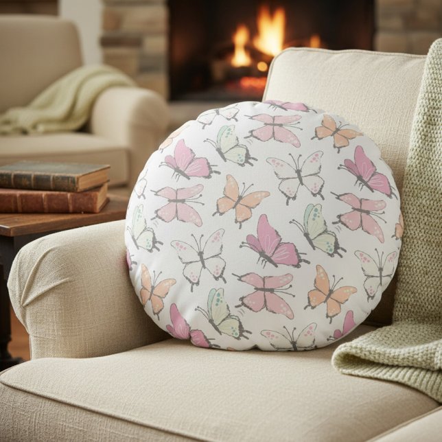 Butterfly Pattern Rond Kussen (round pillow with butterfly pattern)