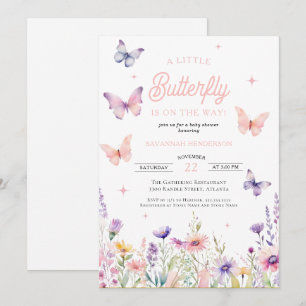 Butterfly Pink Blue Wildflowers Floral Baby shower Kaart
