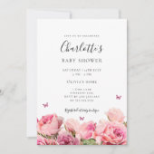 Butterfly Pink Rose Girl Baby Shower Invitation (Devant)