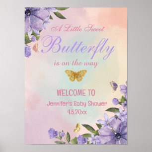 Butterfly Purple Flowers baby shower Welkomstbord Poster