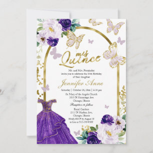Butterfly Quince Bilingual Invitations Paars Gown Kaart