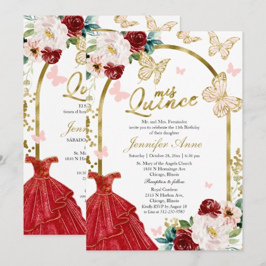 Butterfly Quince Red Dress Bilingual Invitations Kaart (Voorkant / Achterkant)