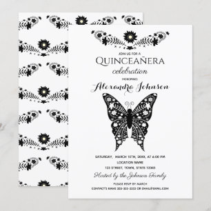 Butterfly Quinceanera Black & White 15th Birthday Kaart