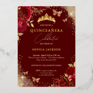 Butterfly Red Rose Gold Tiara Quinceanera Folie Uitnodiging