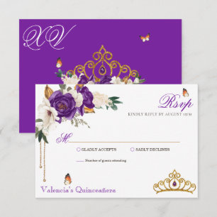 Butterfly Roos Royal Paars Gold Tiara Quinceanera RSVP Kaartje