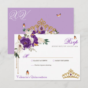 Butterfly Roos Royal Paars Gold Tiara Quinceanera RSVP Kaartje