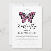 Butterfly roze 1st Birthday Party Invitation Kaart (Voorkant)