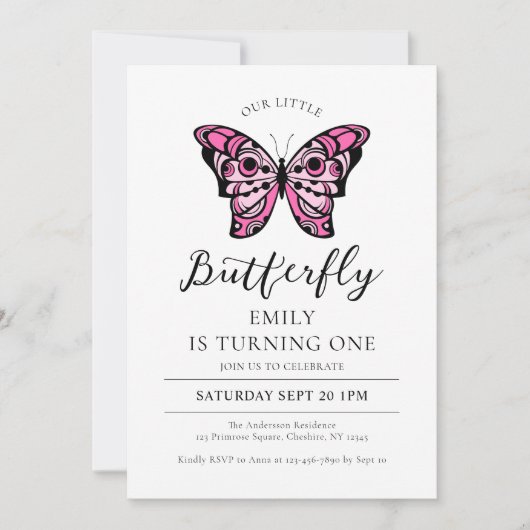 Butterfly roze 1st Birthday Party Invitation Kaart (Voorkant)