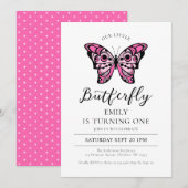 Butterfly roze 1st Birthday Party Invitation Kaart (Voorkant / Achterkant)