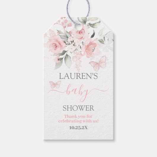 Butterfly Roze florale Baby shower Gift Label Cadeaulabel (Voorkant)