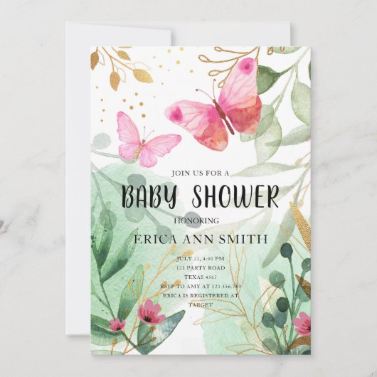 Butterfly roze Gold Greenery Tea Party Baby shower Kaart (Voorkant)