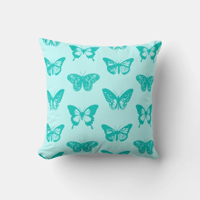 Butterfly sketch, aqua en turquoise kussen (Voorkant)