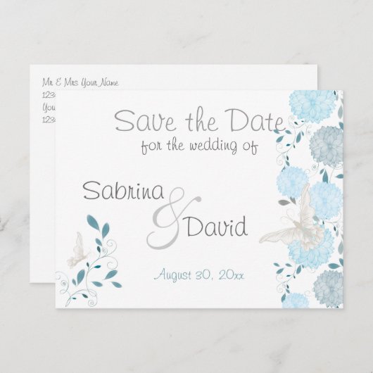 Butterfly Sky Blue Chrysanthemum Save the Date Aankondigingskaart (Voorkant / Achterkant)