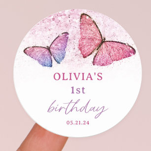 Butterfly Theme 1st Birthday Party Favor Ronde Sticker