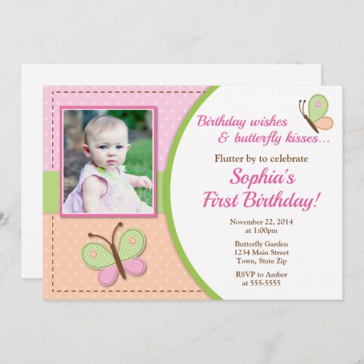 Butterfly Verjaardag Uitnodiging 1e Verjaardag (Voorkant / Achterkant)