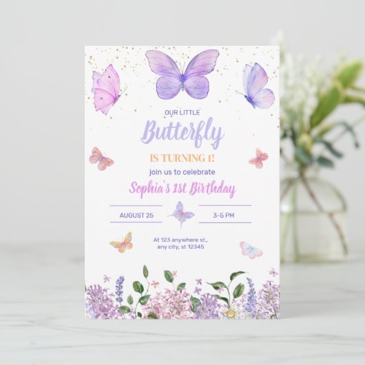 Butterfly Verjaardag uitnodiging, Wildflower Garde (Staand voorkant)