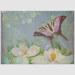 Butterfly w Magnolia Waterverf Floral Decoupage Tissuepapier