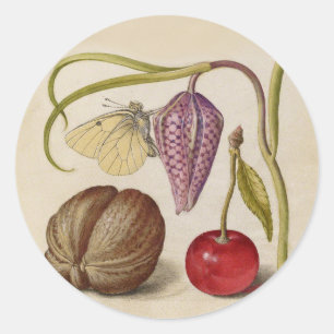 Butterfly Walnut Flower Cherry Waterverf Art Ronde Sticker