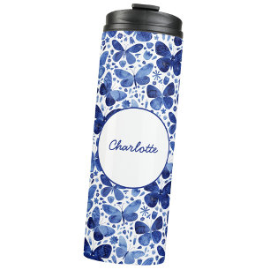 Butterfly Waterverf Navy Indigo Blue gepersonalise Thermosbeker