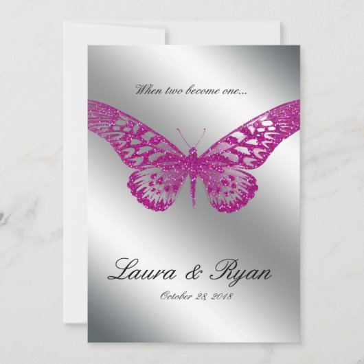Butterfly Wedding Invite Glitter Pink Silver Kaart (Voorkant)