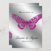 Butterfly Wedding Invite Glitter Pink Silver Kaart (Voorkant / Achterkant)