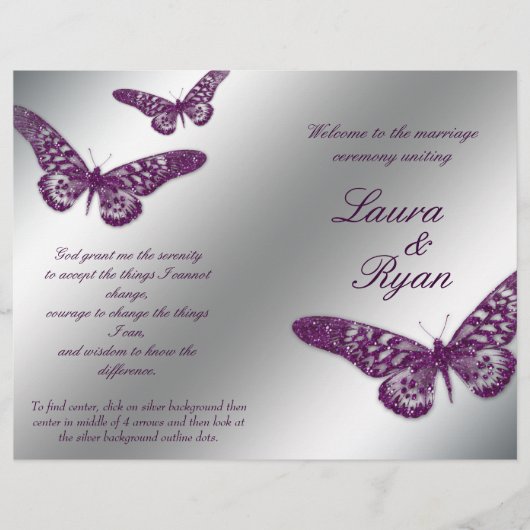 Butterfly Wedding Program Flyer Silver Paarse Spar (Voorkant)