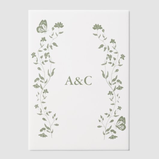 Butterfly Wedding Vellum Overlay Sage Green Vellum Uitnodigingen (Voorkant)