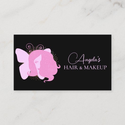 Butterfly Woman Makeup Salon Pink Black Script Visitekaartje (Voorkant)