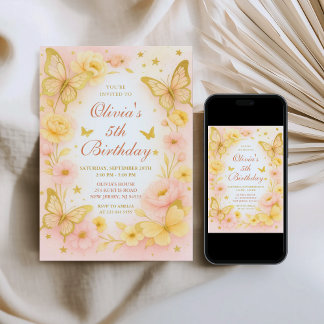 Butterfly Yellow and Pink Birthday Invitation Kaart