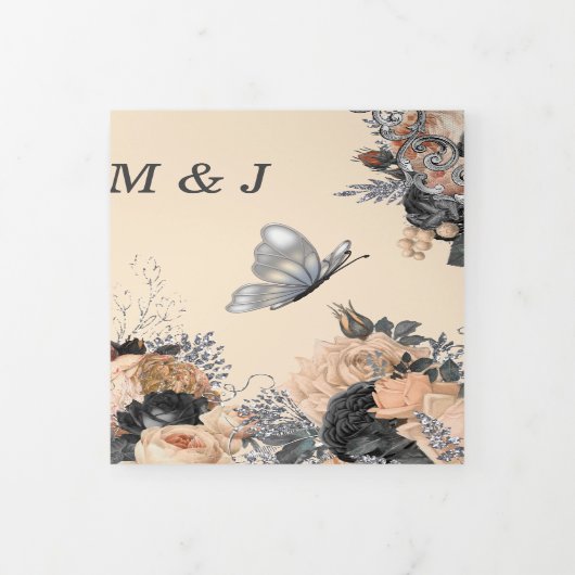 Butterfly zomerperzik zilveren roos bruiloft drieluik uitnodiging (Cover)