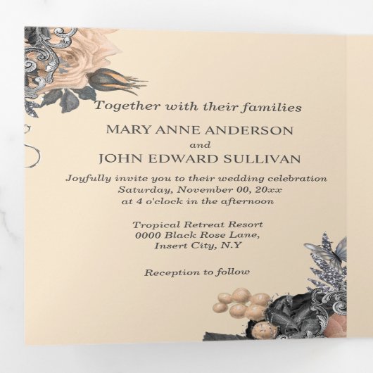 Butterfly zomerperzik zilveren roos bruiloft drieluik uitnodiging (Binnenzijde eerst)