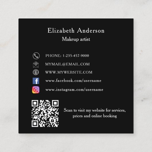 Butterfly zwart zilver QR code elegant script Vierkante Visitekaartje (Achterkant)