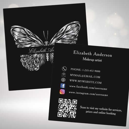 Butterfly zwart zilver QR code elegant script Vierkante Visitekaartje