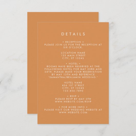 Butterscotch coördinaat bruiloft details informatiekaartje (Voorkant / Achterkant)