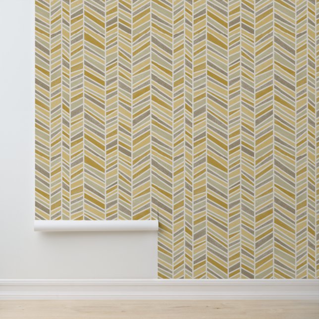 Butterscotch Yellow en Taupe visgraat Behang (Applicatie)