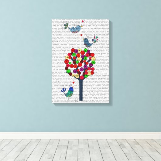 Button en vogels blauw canvas afdruk (Insitu (Houten vloer))