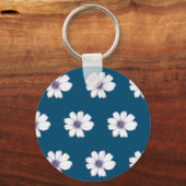 Button met blauw bloempatroon sleutelhanger (Voorkant)