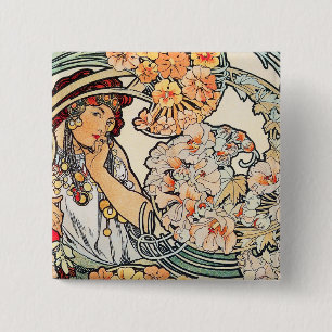 Button: Mucha - Taal van Bloemen Vierkante Button 5,1 Cm