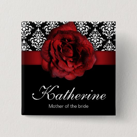Button Rood Rose Damask naam bruiloft (Voorkant)