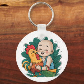 Button Sleutelhanger | Chloe Baby knuffelt de haan (Achterkant)