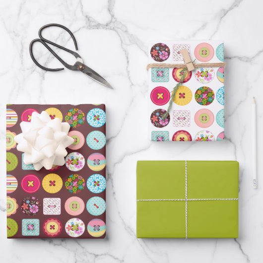  Buttonnen met bloemen en pooldots Inpakpapier Vel (Voorkant)