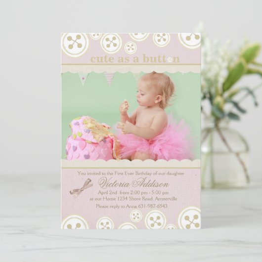 Buttonnen 'n Bows Fotouitnodiging Kaart (Staand voorkant)
