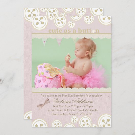 Buttonnen 'n Bows Fotouitnodiging Kaart (Voorkant / Achterkant)