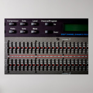 Buttonnen op een geluidsmixer in een opnamestudio. poster