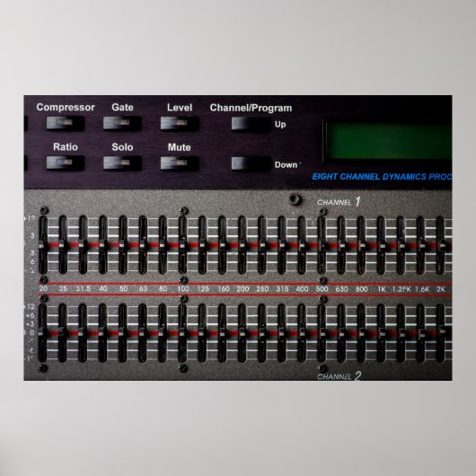 Buttonnen op een geluidsmixer in een opnamestudio. poster (Voorkant)