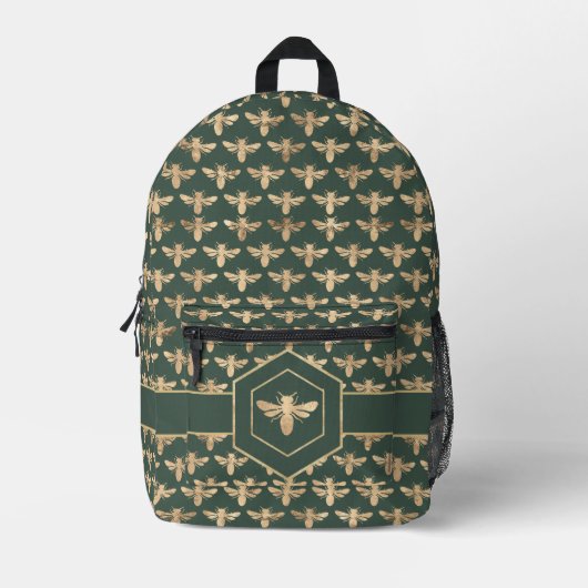 Buzzz- Elegant Gold HoneyBee Pattern op Donkergroe Bedrukte Rugzak (Voorkant)