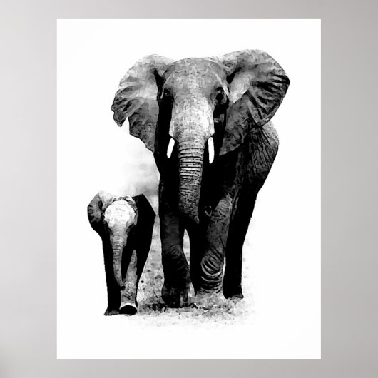 BW Elefant & Baby Elephant Poster (Voorkant)